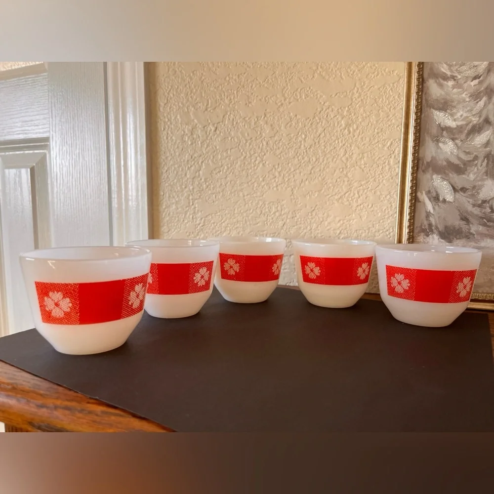 MCM Red Gingham Pudding Set by Federal Glass Co, Milk Glass